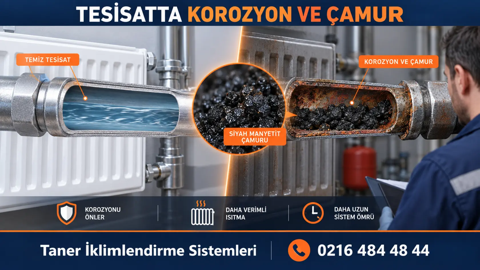 Temiz kalorifer borusu ile siyah manyetit çamuru birikmiş borunun karşılaştırması