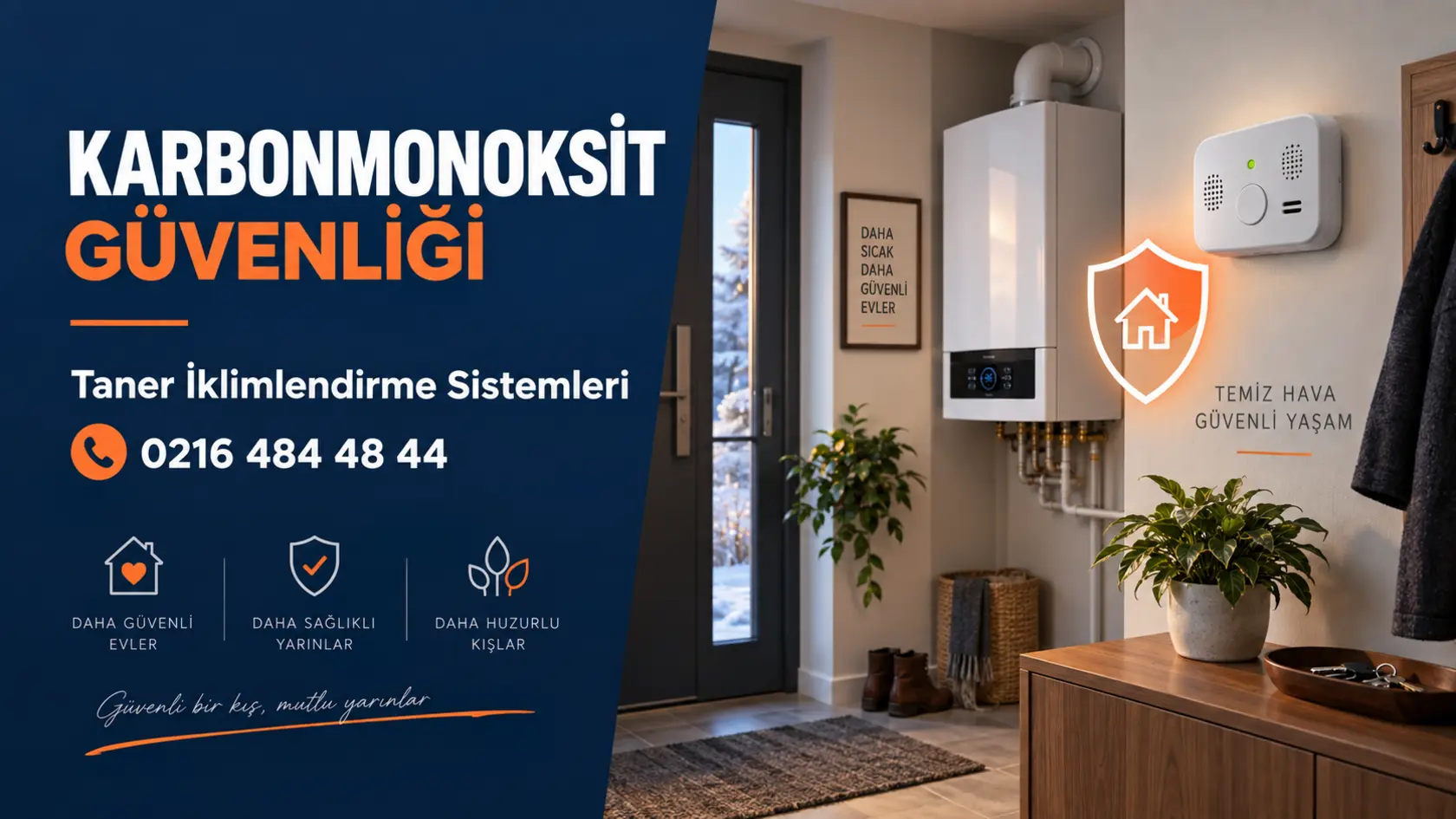 Kombi yanında karbonmonoksit alarmı ve ev güvenliği simgesi