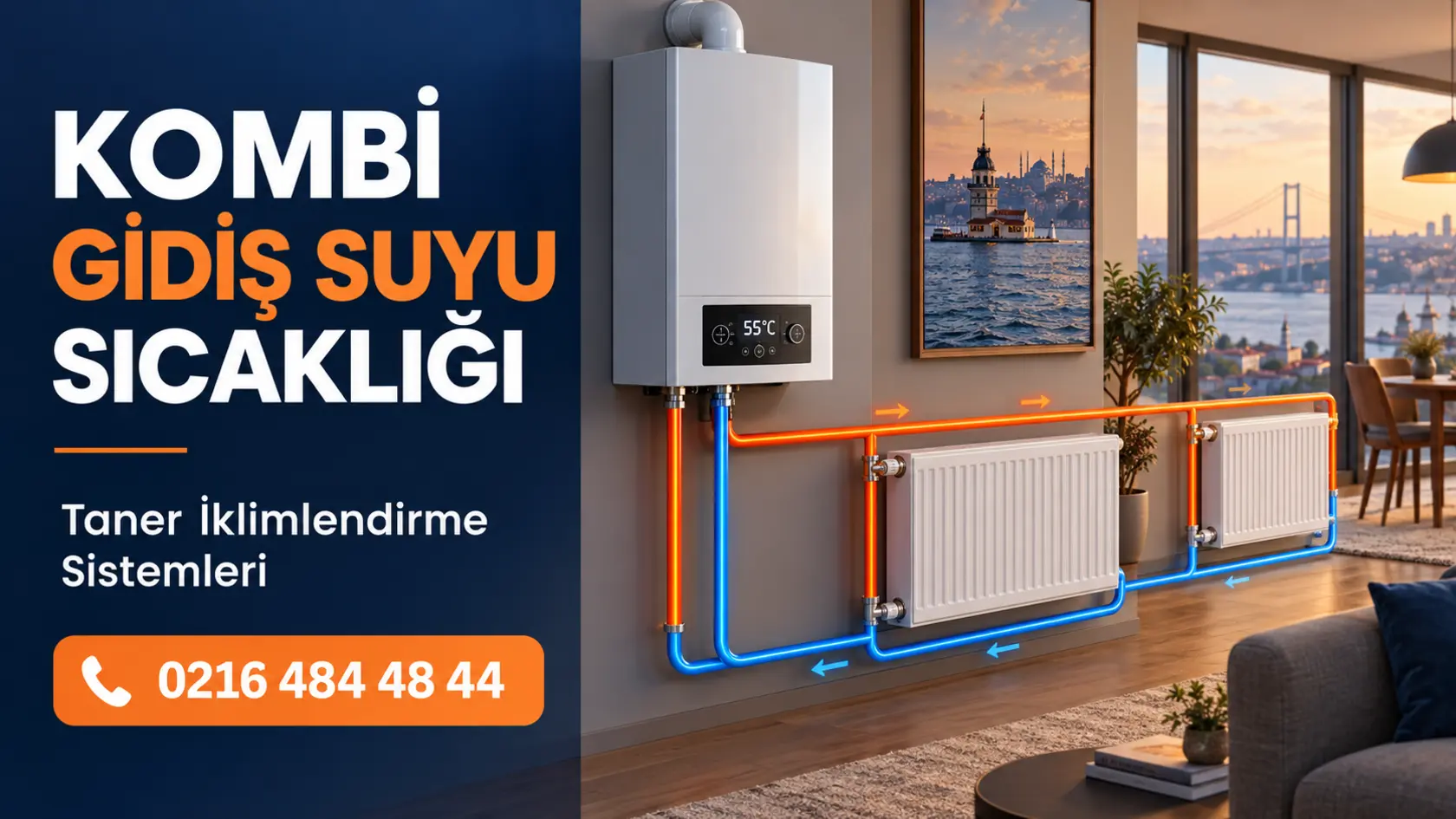 Yoğuşmalı kombide gidiş ve dönüş suyu sıcaklığını gösteren radyatör tesisatı